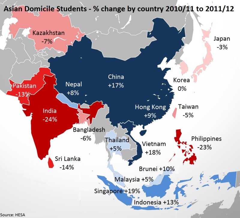 アジア諸国からの留学生の増減（HESAのHPより）