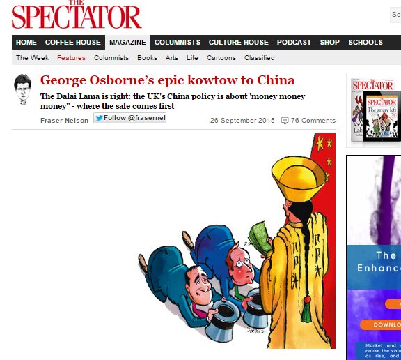 中国に叩頭するキャメロン首相とオズボーン財務相の風刺画（ザ・スペクテイター誌）