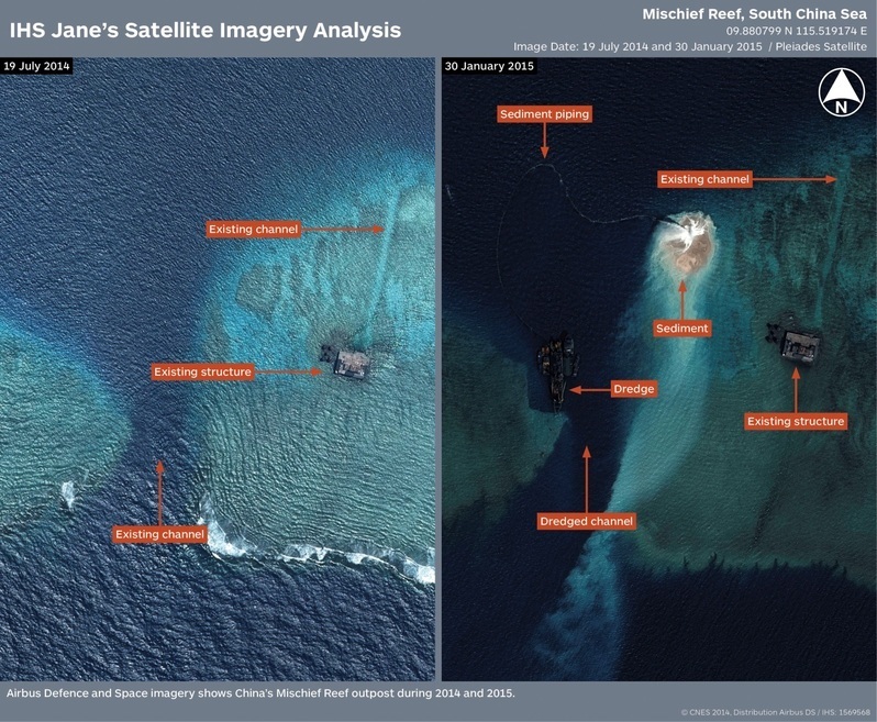 今年1月、ミスチーフ礁の衛星写真（IHSジェーン提供）