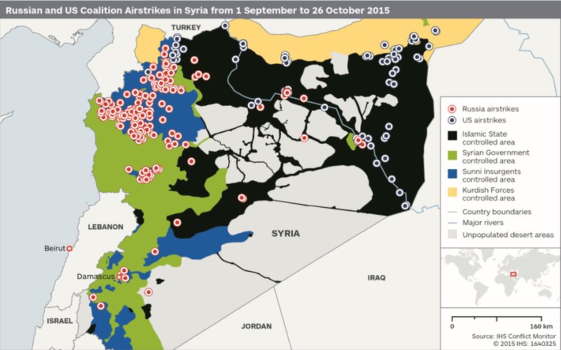 ロシアのシリア空爆マップ（IHS提供）