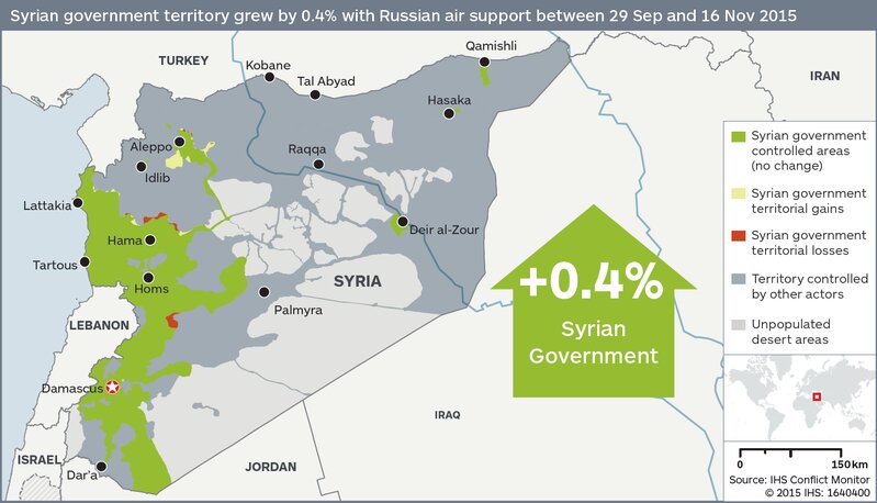 ロシア空爆で増えたアサド政権の支配地域（IHS提供）