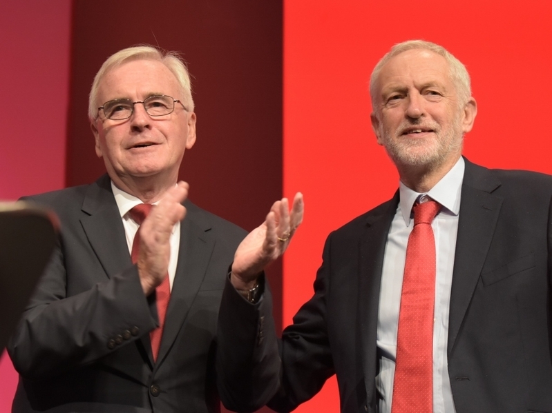社会主義革命を目論む英労働党のコービン党首（右）とマクドネル影の財務相（筆者撮影）