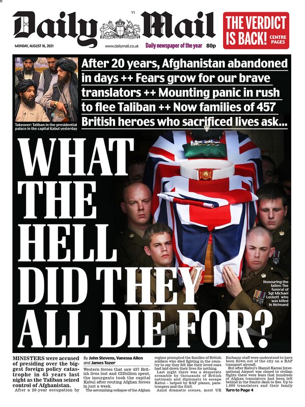 英兵士は何のために犠牲になったのかと怒りをぶつける英大衆紙デーリー・メールの1面