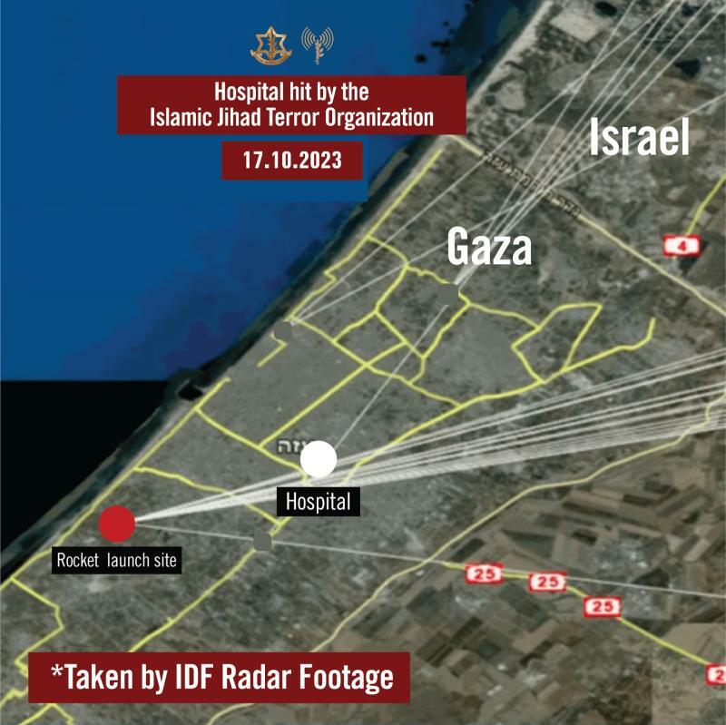 ハマスやパレスチナ・イスラム聖戦のロケット弾の軌道と病院（イスラエル国防軍発表）