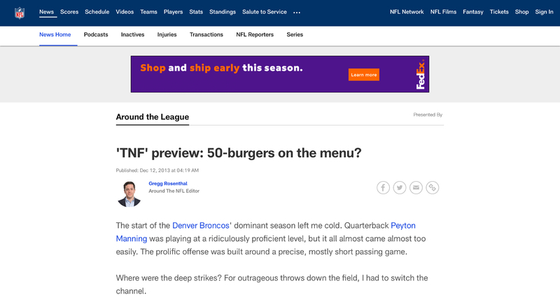 NFL公式ページでもこのように「50 burger」という言葉は使われる（NFLの公式サイトより）