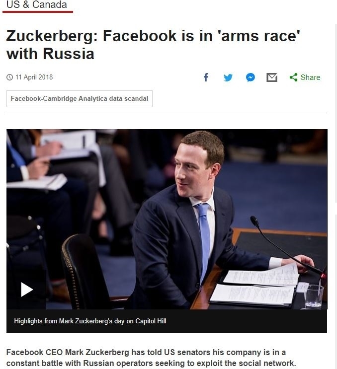 フェイスブックのザッカーバーグCEOの米議会での証言を動画付きで紹介するBBCのニュースサイト（BBCのサイトから）