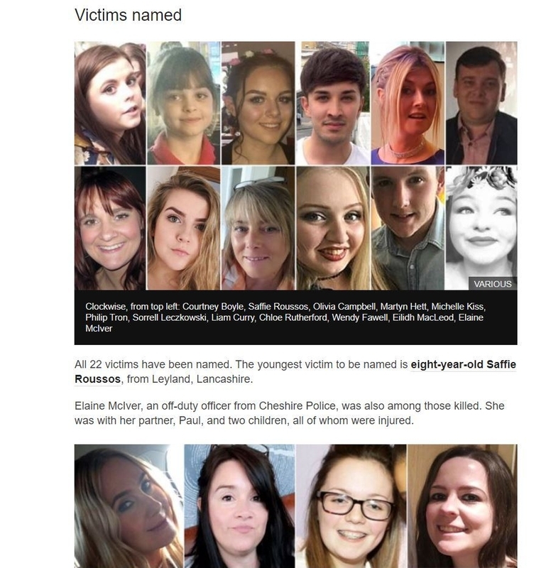 マンチェスター・アリーナでのテロ事件で亡くなった人々の紹介画像（BBCニュースのウェブサイトから）