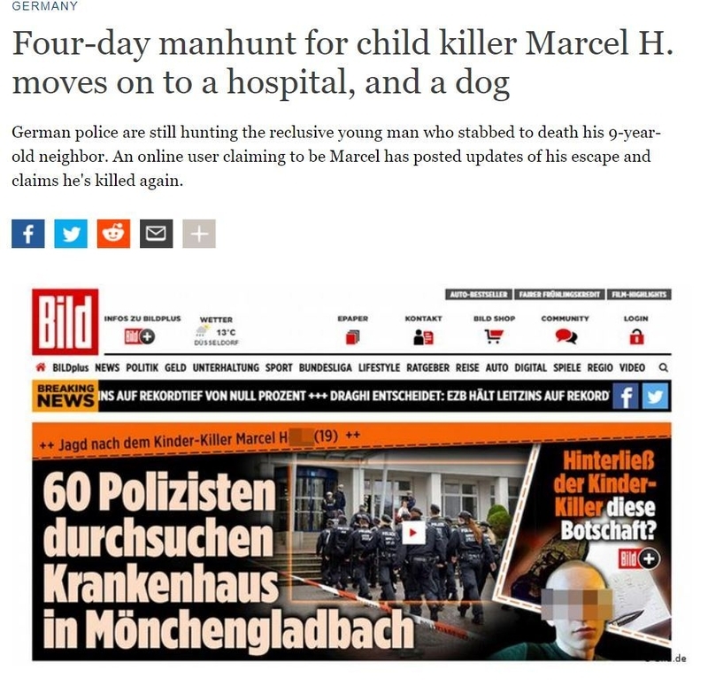 少女を殺害した男性を「マルセル・H」と表記し、目の部分を隠した写真を掲載した、ドイツのニュースサイト「Bild」（ドイツの国際公共放送「ドイチェ・ヴェレ」ウェブサイトから）