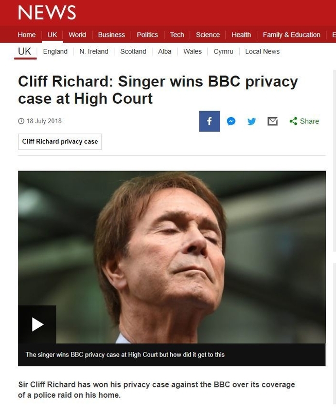 BBCとの訴訟に勝ったクリフ・リチャードさん（BBCのウェブサイト、2018年7月18日付）
