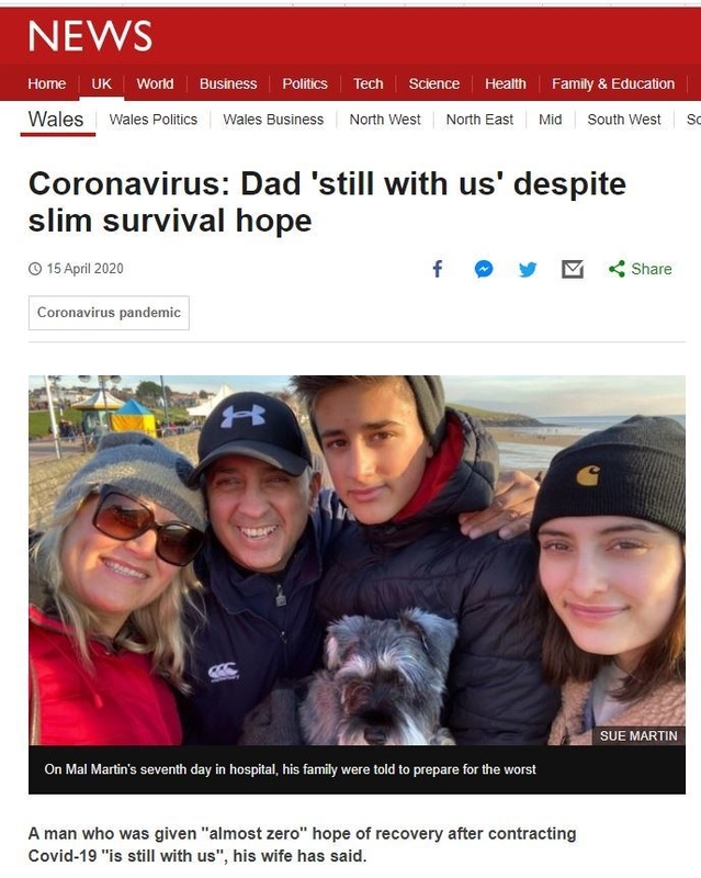 父親（左から2人目）をコロナ感染症で亡くした遺族を紹介するBBCのサイト（ニュースサイトより）