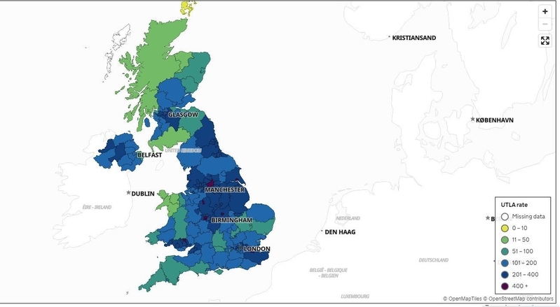 英国全体の感染分布図（政府ウェブサイト）