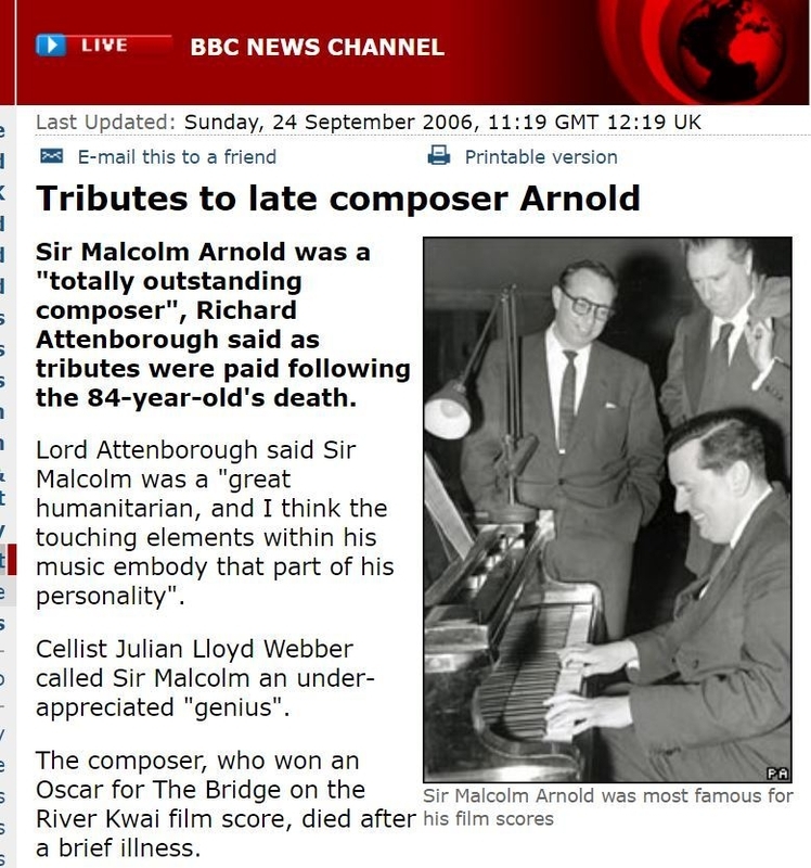 BBCによる、アーノルドの訃報記事（2006年9月24日）（BBCのウエブサイトより）