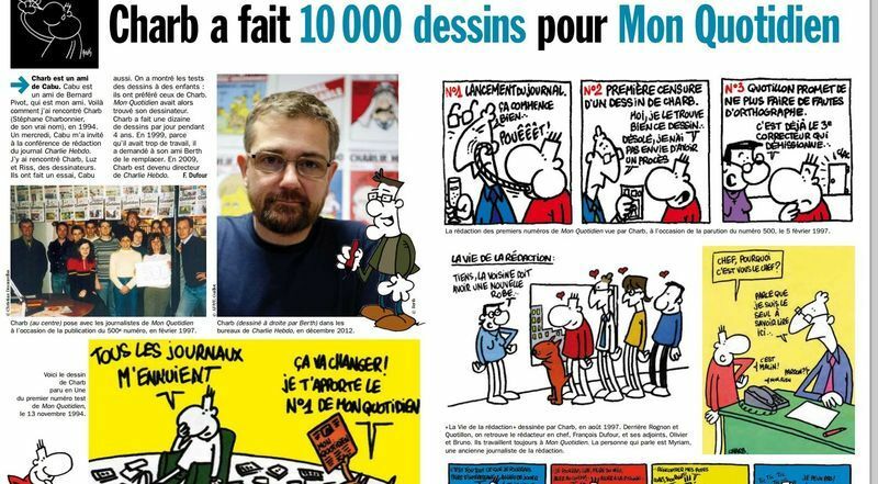 仏子供新聞「モン・コティディオン」（2015年１月９日付）は、テロリストに殺害されたシャルリ・エブド元編集長で風刺画家ステファン・シャルボニエ（愛称「シャルブ」）を追悼する紙面を作った（撮影筆者）