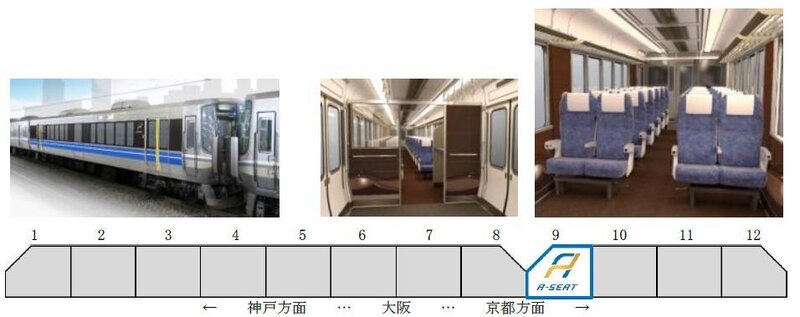 JR西日本「Aシート」の外観と車内（JR西日本プレスリリースより）