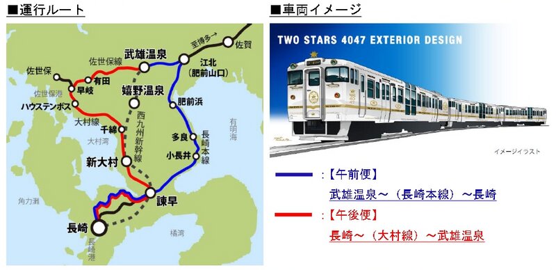 「ふたつ星4047」と西九州新幹線（JR九州プレスリリースより）