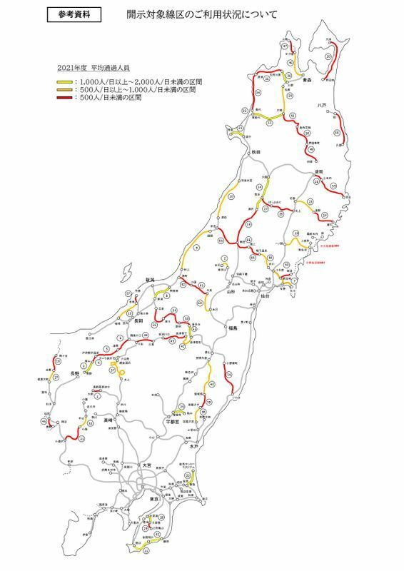 JR東日本の輸送密度（平均通過人員）の少ない路線（JR東日本プレスリリースより）