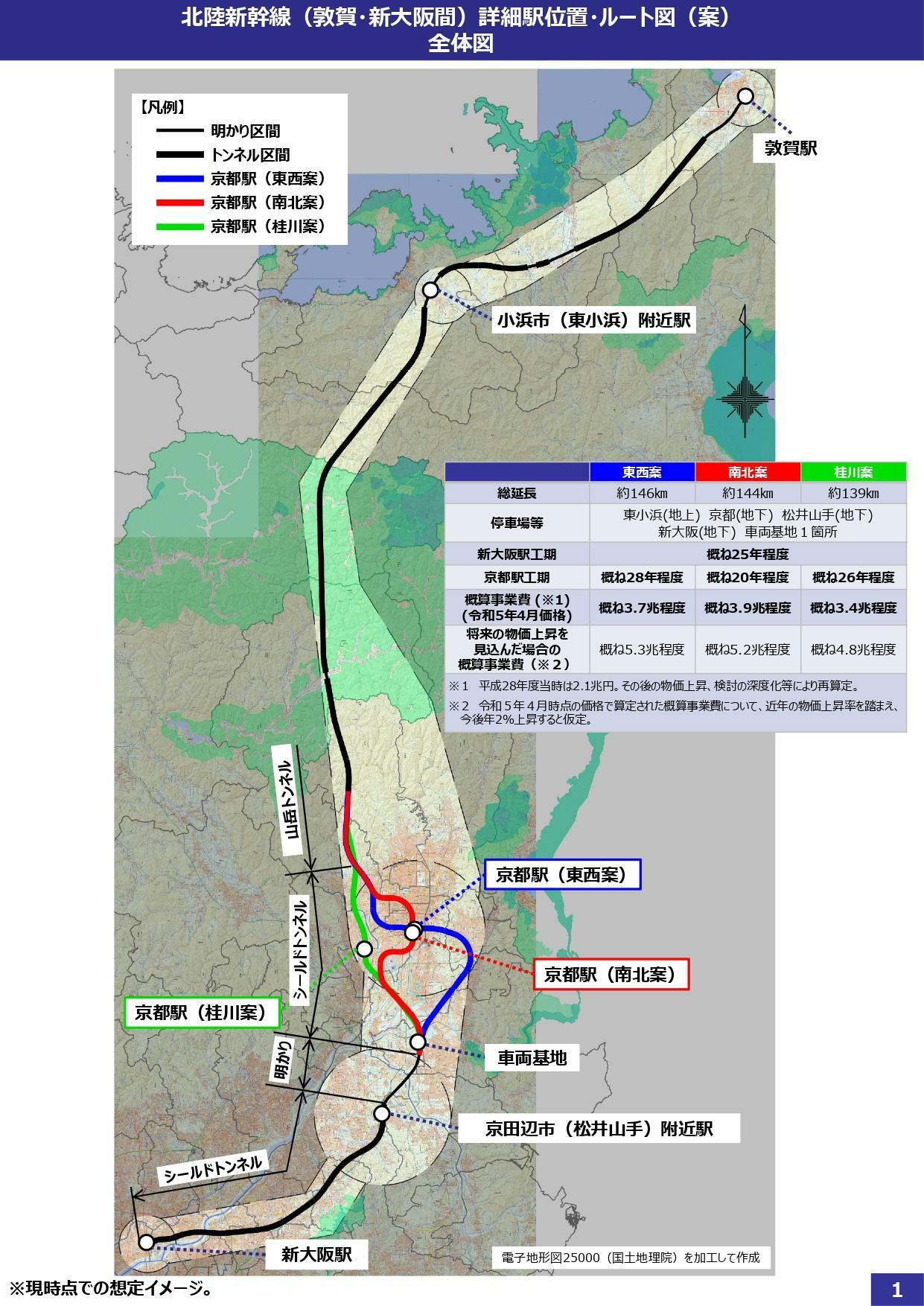 北陸新幹線敦賀～新大阪間のルート（鉄道・運輸機構発表より）