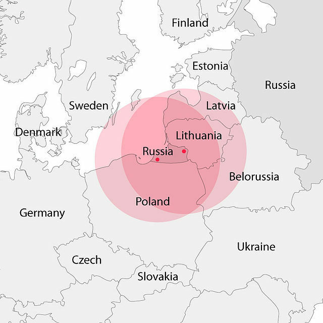カリーニングラードに配備されたイスカンデル-Mの攻撃範囲（Wikipedia）