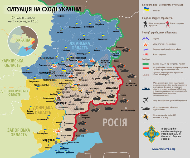 11月3日時点におけるウクライナ東部の戦況図（ウクライナ国防安全保障会議）