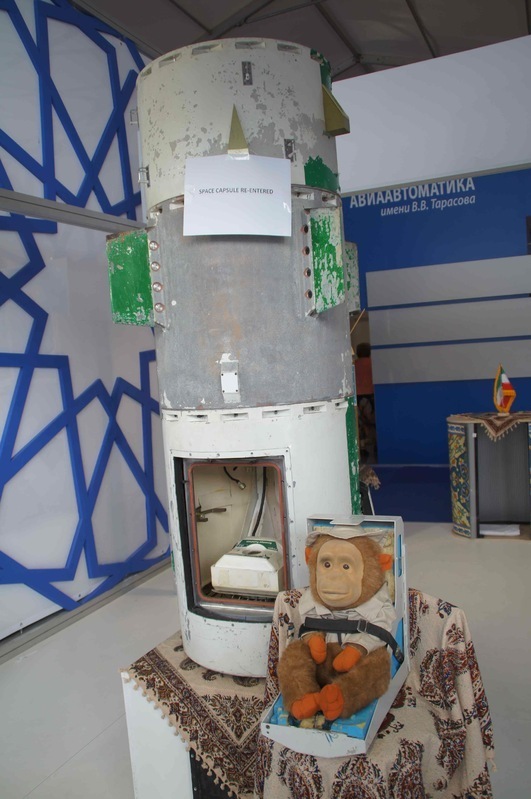 イラン政府のブースに展示された宇宙カプセル。サルが物悲しい（筆者撮影）