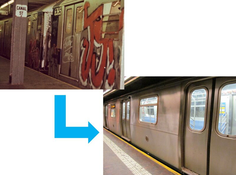 割れ窓理論の導入前と導入後のニューヨーク地下鉄（筆者撮影）