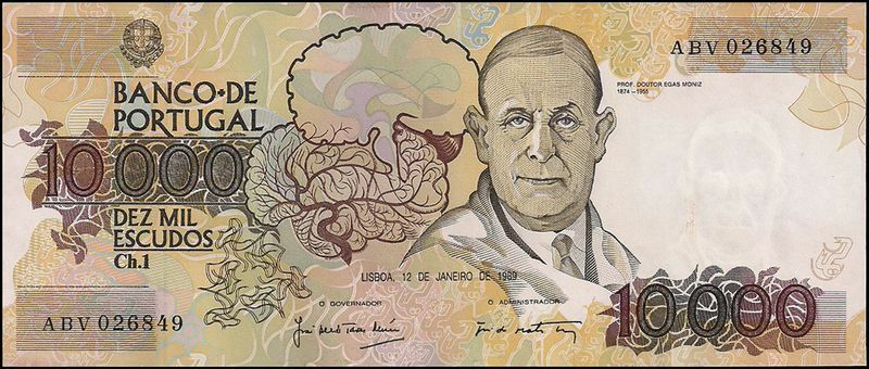 紙幣に登場したエガス・モニス　出典：Egas Moniz Banknote（Wikimedia Commons）