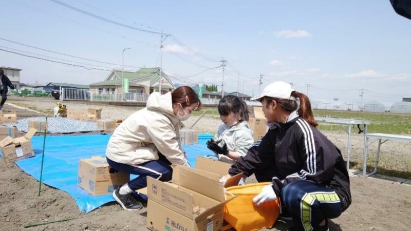 農作業に従事する学生ら。4月22日。仙台市若林区の農地にて。フードバンク仙台提供