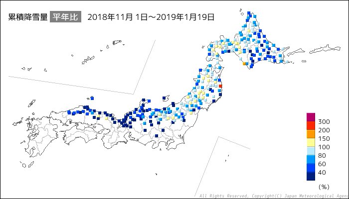 （1月19日までの累積降雪量平年比　気象庁ＨＰより）