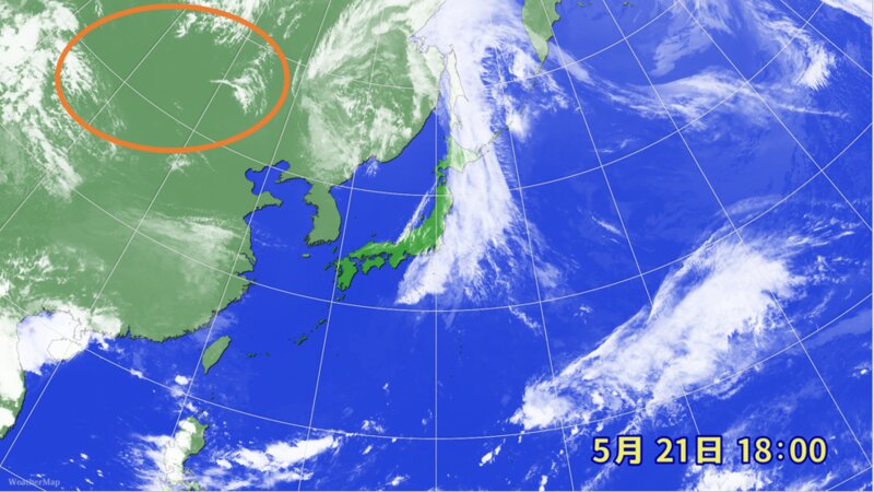 5月21日18時の衛星赤外画像　丸で囲った部分がモンゴル（ウェザーマップ提供のものを著者加工）
