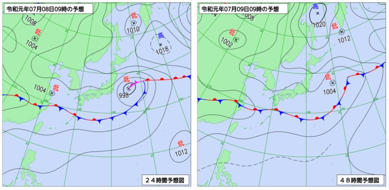 あす8日の予想天気図（左）とあさって9日の予想天気図（右）　（気象庁ＨＰより）