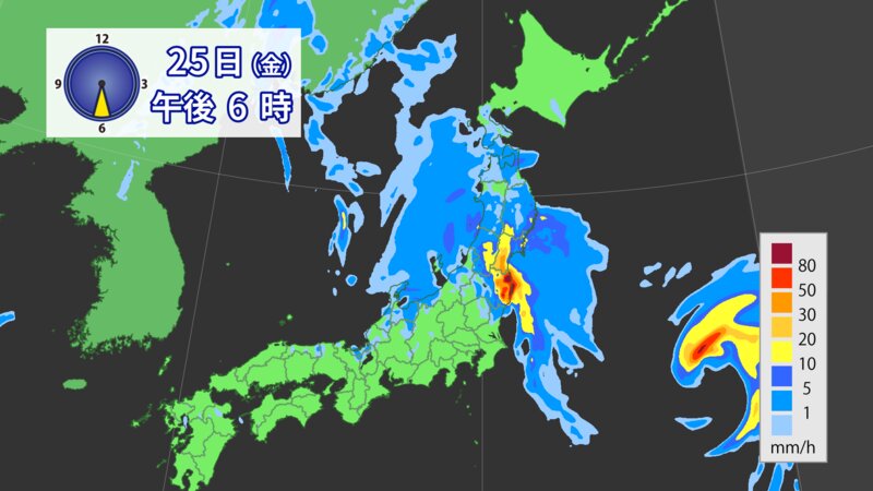 あす午後6時の雨の予想（提供：ウェザーマップ）
