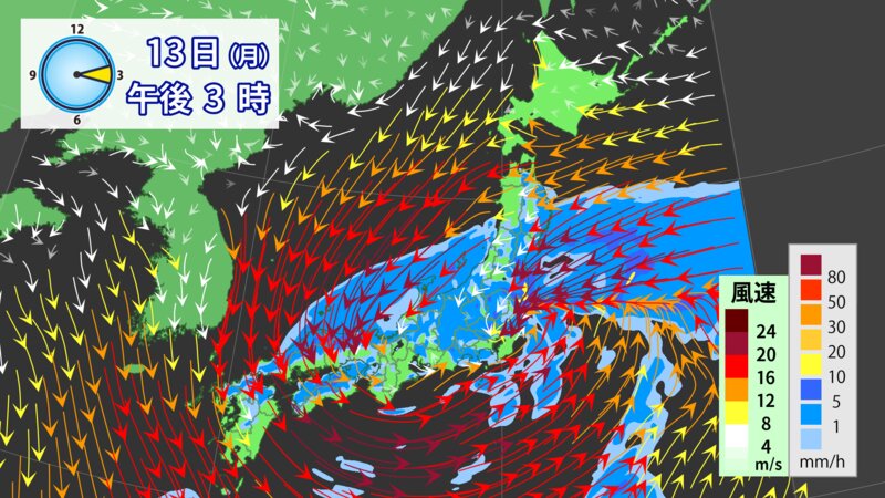 あす日中の雨と風の予想（提供：ウェザーマップ）