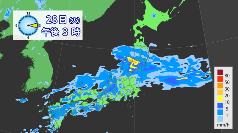 あす午後3時の雨の予想（提供：ウェザーマップ）