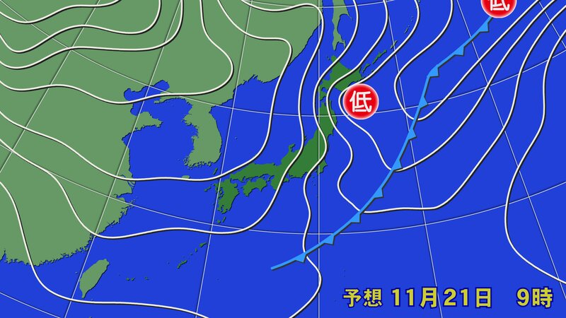 あす21日(土)朝の予想天気図（提供：ウェザーマップ）
