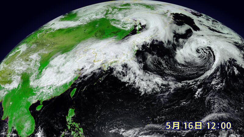 きょう16日正午の衛星可視画像。画像中央に日本列島があります。（提供：ウェザーマップ）
