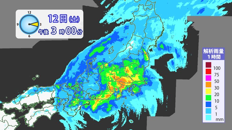 2019年10月12日　東日本台風時の解析雨量（提供：ウェザーマップ）