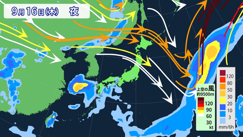 きょう16日夜の雨と上空約9500mの風の予想　上空の強い西風は台風より北を流れている（提供：ウェザーマップ）
