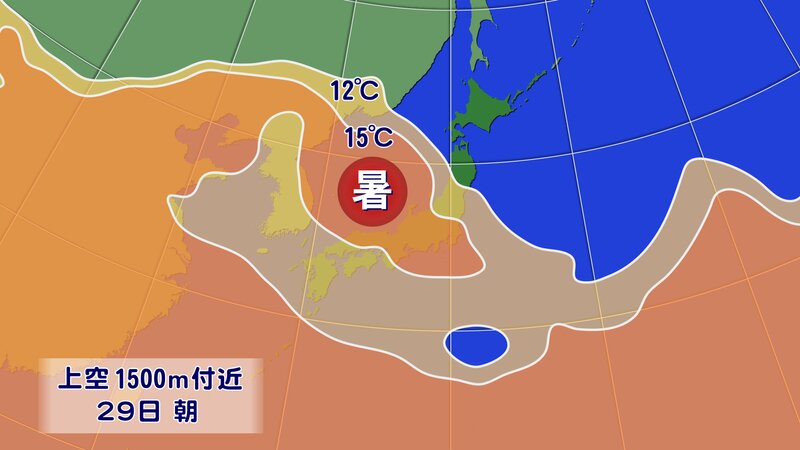 29日(日)の上空約1500mの暖気(提供:ウェザーマップ)