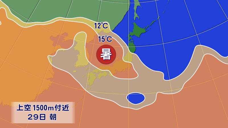 29日(日)の上空約1500mの暖気（提供：ウェザーマップ）