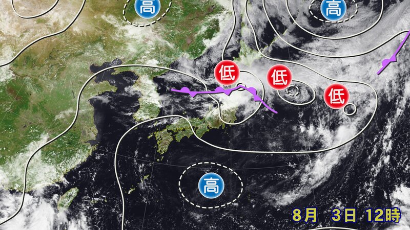 きょう3日(水)正午の実況天気図と衛星可視画像　東北地方を通過していた低気圧は元々は台風だったもの（提供：ウェザーマップ）