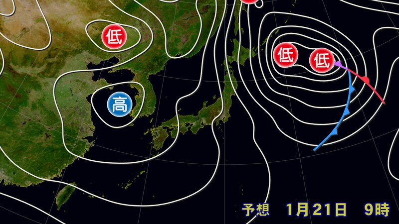 あす21日(土)の予想天気図(提供：ウェザーマップ)