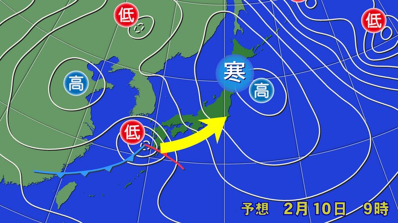10日(金)の予想天気図　本州の南の岸を低気圧が進む南岸低気圧パターン(提供：ウェザーマップ)