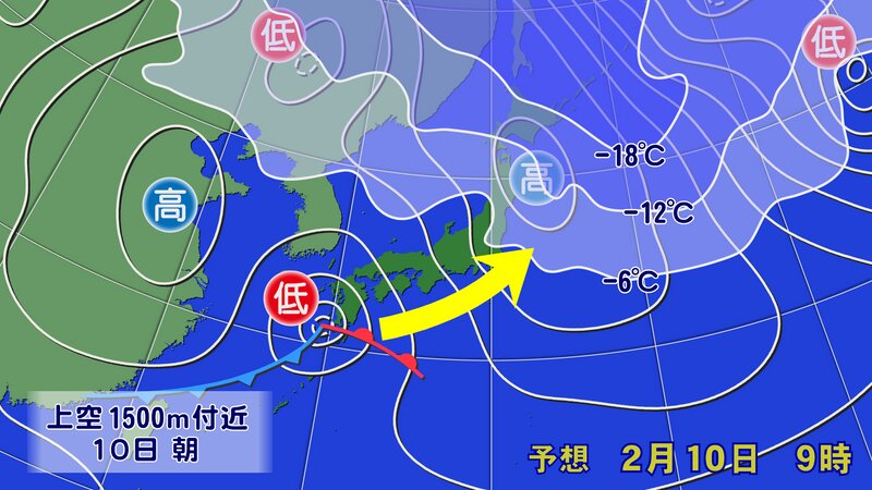 あす10日(金)の予想天気図と上空の寒気(提供：ウェザーマップ)