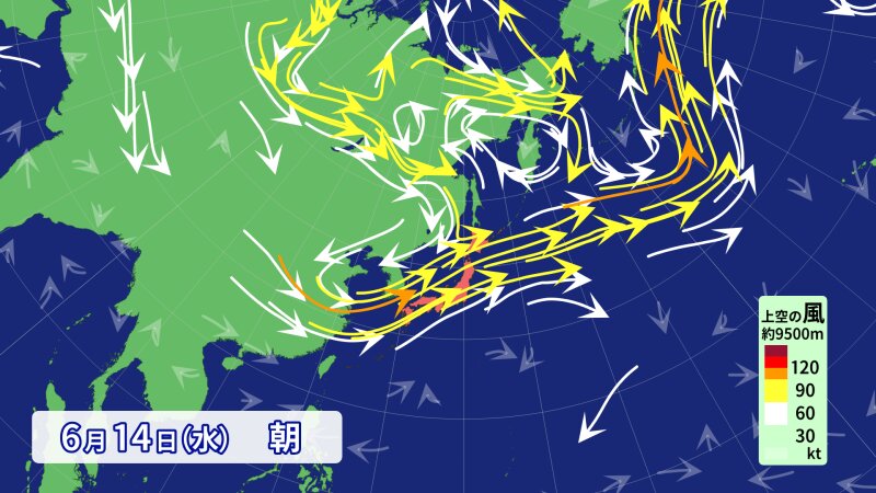 上空約9500ｍの風の様子　真ん中の赤い部分が日本列島で、周辺では風が大きく蛇行している(提供：ウェザーマップ)
