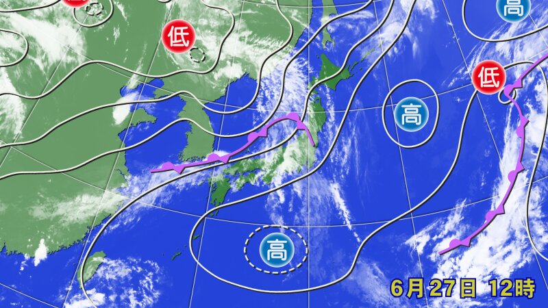 きのう27日(火)正午の天気図　日本海には梅雨前線があるがオホーツク海高気圧は不在(提供：ウェザーマップ)