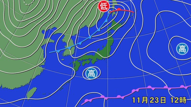 きょう23日の実況天気図　南高北低の春型(提供：ウェザーマップ)
