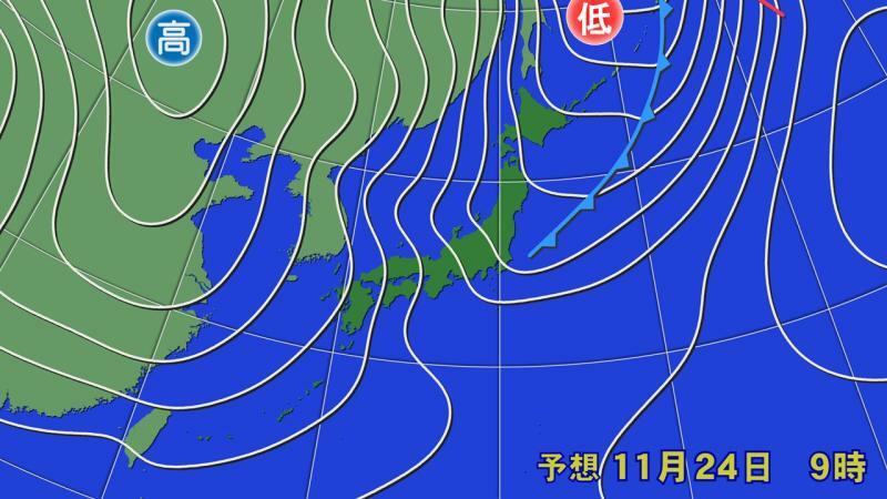 あす24日9時の予想天気図　西高東低の冬型(ウェザーマップ提供のものを著者加工)