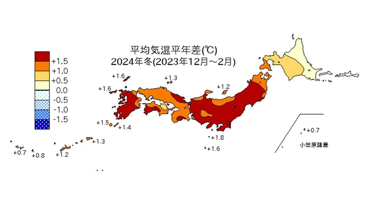 2023年12月～2月の気温平年差　仙台などでは過去1番の暖冬になった(気象庁HPより)