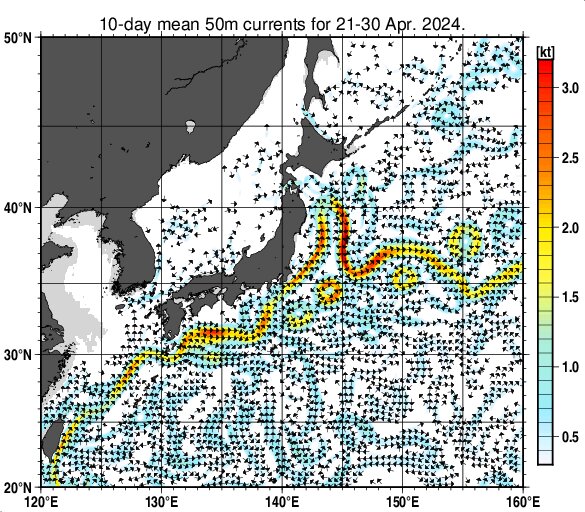 2024年4月下旬の海流　赤い所が黒潮で三陸沖にまで北上している様子が分かる(気象庁HPより)