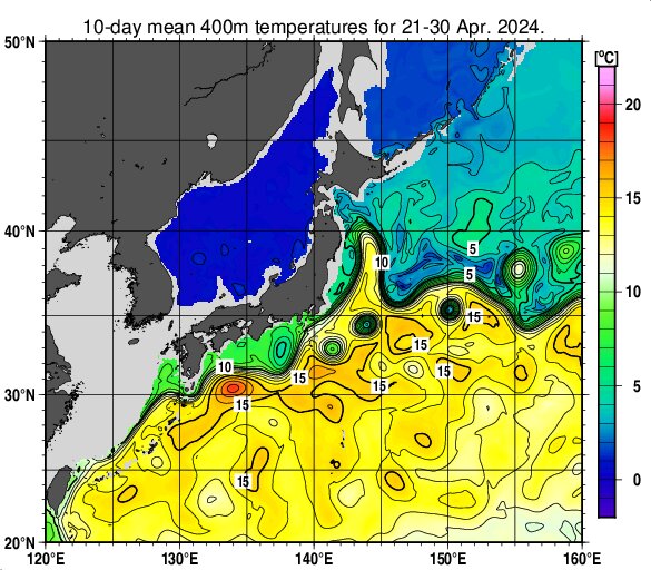 水深400mの海水温　黒潮の流れに沿って海深い所にまで暖かな海水が北上している(気象庁HPより)
